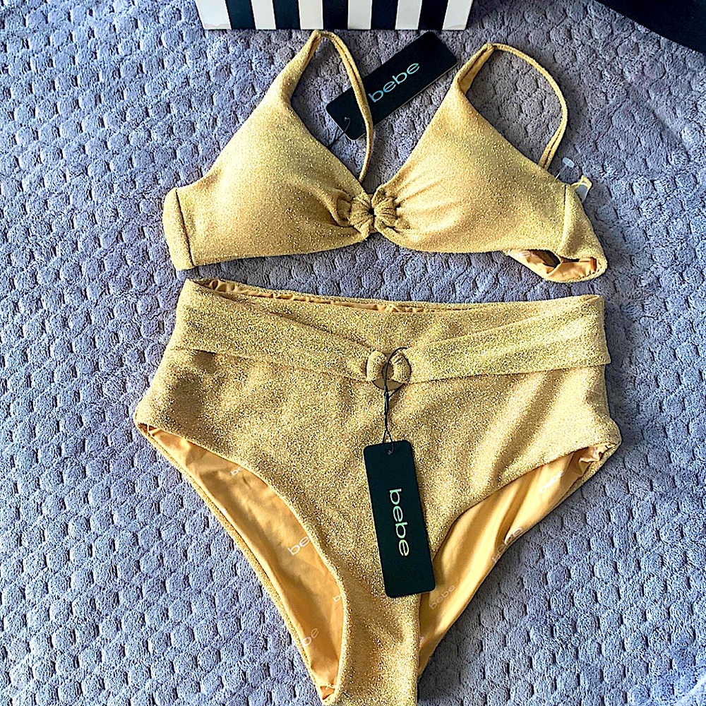Gold lurex 2 pc swimsuit w/ adjustable straps and removable pads.
